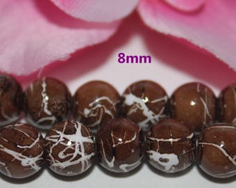 Lot of 20 round glass beads marbled Brown 8mm - SC53910.
