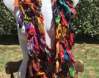 RESERVED FOR DIXIE multicolored silk scarf, flower necklace, green recycled silk