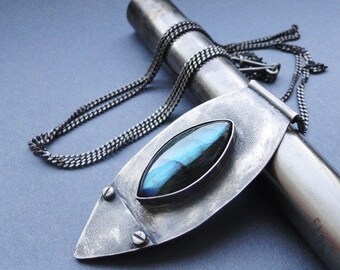 Labradorite pendant, Incredible raw sterling silver necklace with big labradorite, gemstone pendant