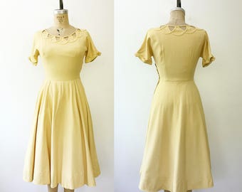 50s cotton dress / 1950s yellow dress / Cotton Lattice dress