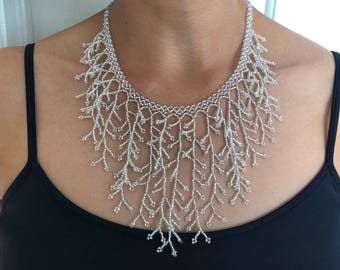 Beaded Bib Necklace, Handmade made in Mexico Beaded Bib Necklace, Huichol Mexican beaded necklace style