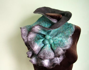Large Size Felted wool Scarf Neckpiece Collar. Shibori gray & sea green Art
