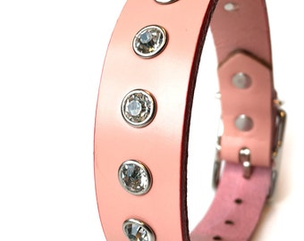 Pale Pink Leather Dog Collar With Rhinestones, Size S to fit a 11-14in Neck, Small Dog Collar, EcoFriendly Leather, Glam Girl Feminine, OOAK