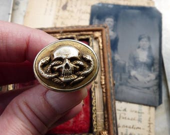 Antique Victorian Memento Mori Skull Ring, Victorian Renaissance Revival Talisman, Transfiguration, offered by RusticGypsyCreations