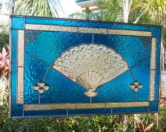 Stained Glass Window Panel, Vintage Fenton Daisy & Button Fan, Stained Glass Transom Window, Antique Glass Valance, OOAK Recycled Art