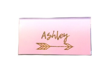 Personalized checkbook cover - Blush pink ombré - name and arrow - gold and pink - check book holder - side or top tear