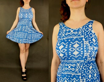 Vintage Style Summer Dress - 16 / 44 XL blue dress knee length