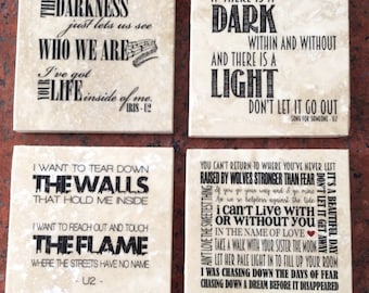 U2 lyrics coasters, set of 4, 4 x 4, tumbled marble tiles with cork backing: also available in prints or canvas