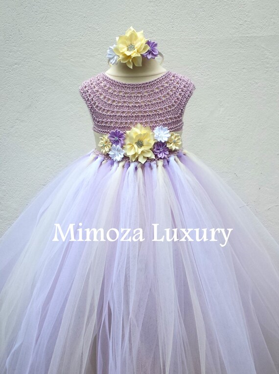 Cream Lavender Flower girl dress, tutu dress bridesmaid dress, princess dress, crochet top tulle dress, knit top tutu dress lavender lilac