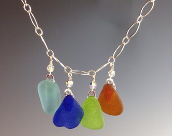 Sea glass necklace, Cobalt blue sea glass necklace, sea glass jewelry, beach glass, multi colored necklace, Sterling jewelry,"Makena Beach"