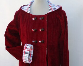 Red Winter Coat with Hood, Swing Coat, Women's Outerwear in Wool or Corduroy, Custom Designed Jacket