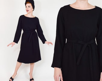 60s Little Black Dress | Wool Shift Dress | Mid Century Dress, Large
