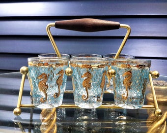 Culver Ltd Barware Seafare Glasses 22K Gold Shot Glasses / Teak Caddy Set of 6 Seahorse Mid Century Gift