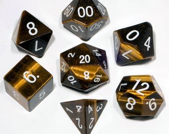 Tiger's Eye Gemstone Polyhedral Dice Set: Hand Carved with Quality! Full-Sized 16mm. Great for DnD RPG Dungeons and Dragons