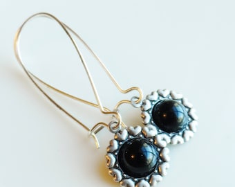 50% Off Clearance Sale, Black, Vintage Glass Earrings, Heart Pattern, Antique Silver