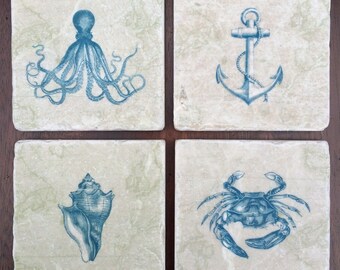 Vintage-style Nautical Coasters // Marine images // Octopus, Anchor, Crab, Seashell // Nautical map