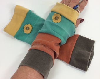 Fingerless Mittens, Arm Warmers, Long Arm Warmers, Fingerless Gloves, Upcycled, Striped Arm Warmers, Repurposed mittens,Cotton mittens