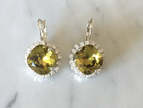 Khaki & Clear Swarovski Crystal Earrings, Silver