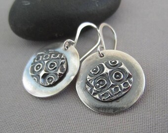 Silver disc Earrings/ PMC drop earrings/ Fine Silver earring/ Antiqued Silver earrings/ Artisan Silver EarringS