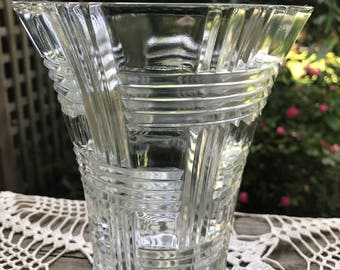 Vintage Clear Glass Basket Weave Pattern Vase
