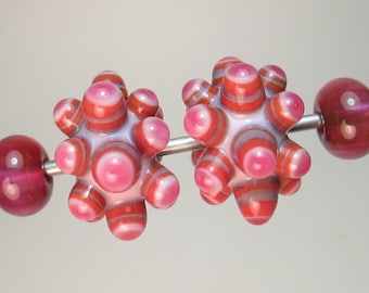 MATCHED PAIRS OF Handmade Lampwork Beads by Patti Cahill, Knobby Gobstoppers + Fuchsia Plains (4 beads total)