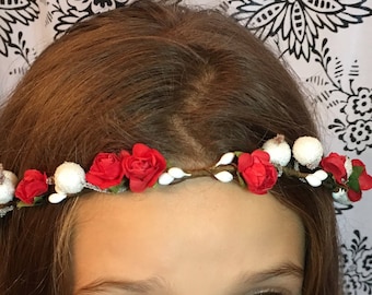 Red /white flower girl crown, bridesmaid hair accessories, wedding hair piece, bridal head band, childrens alice band