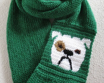 Bulldog Infinity scarf. Emerald green knit scarf with a white English bulldog. Long cowl scarf. Bulldog gift