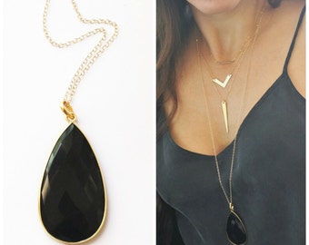 Long Necklace, Long Pendant Necklace, Long Layering Boho Necklace Long Stone Necklace, Layering Necklace, Teardrop Pendant Gold Necklace