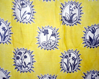 Vintage Silk Scarf - Gold with Black Flower Motif - Signed But Unknown Designer - Hand Rolled and Hemmed