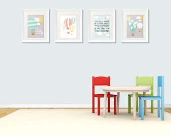 Dr. S quote Whimsical Hot Air Balloon wall art set of 4 digital prints.