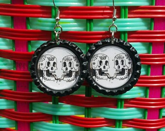 Sugar skull - dia de los muertos - bottlecap earrings - mexican art