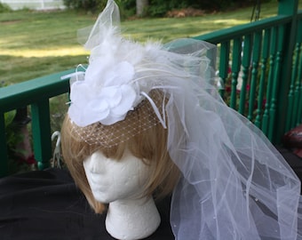 Bridal Feathered Fascinator with removable blusher/veiling