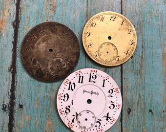 Vintage Metal & Porcelain POCKET Watch Faces (3) for Steampunk and Altered Art Numbers- Watch Dials- D21