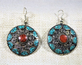 Tibetan silver earrings, turquoise earrings, dangle earrings, coral earrings, drop earrings