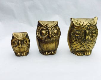 Vintage Brass Owls Set