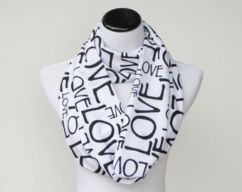 Love Scarf Infinity Scarf Valentine's Day Scarf White Black Scarf Circle Scarf Loop Scarf Valentine Gift for Women Teen Girl