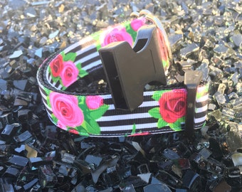 Dog Collar- Black and white strips with roses
