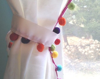 Rainbow Multi- Color Pom Pom trimmed White Cotton Curtain