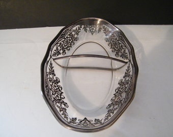 Sterling Silver Overlay Divided Dish with floral decor on rim, Vintage Rockwell oval tray, relish, pickle, candy dish mid century elegance