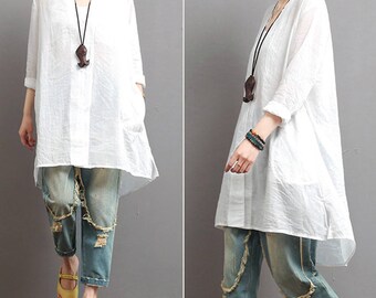 Loose white shirt long sleeve cotton top spring linen top maxi shirt cotton blouse shirt blouse linen clothing