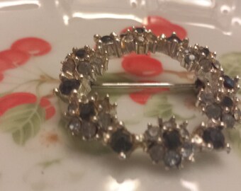 Vintage Blue and White Rhinestone Wreath Brooch