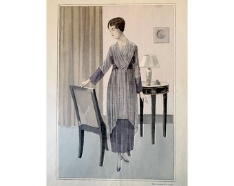 1919 ANTIQUE FRENCH FASHION lithograph - original antique print - fashion illustration design fashion designer - grey dress