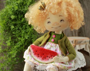 Art doll, Ooak art doll, Cloth doll, Art doll, Textile doll, Collecting doll, Soft doll, Rag doll, Handmade interior doll, watermelon, SOLD