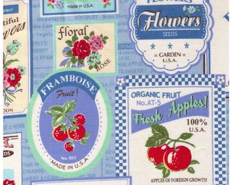 HALF YARD Yuwa - Vintage Fruit and Flower Labels on BLUE Colorway F - Atsuko Matsuyama 30s collection - Japanese Import Fabric