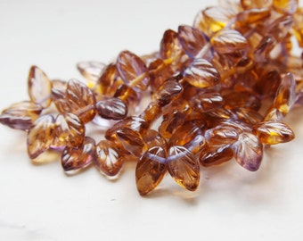 25pcs Czech Glass Leaves -Yellow Mauve 11x7mm (PG272401) D*