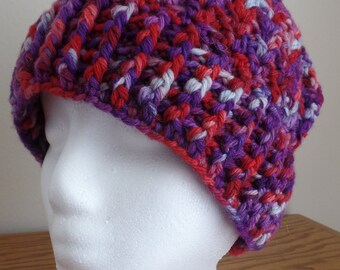 Women's crochet hat, wool, hand dyed, purple and red