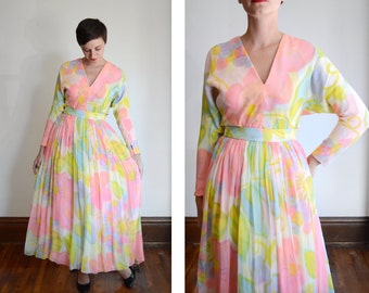 Early 1970s Pastel Floral Chiffon Maxi Dress - M