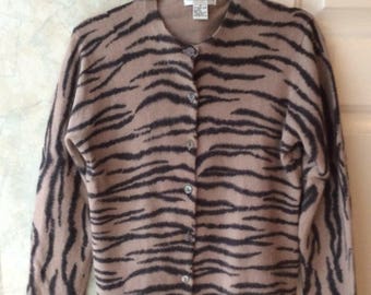 Vintage 80s tan black tiger striped cardigan sweater, angora rabbit hair cardigan sweater, taupe charcoal grey soft cardigan sweater sz M