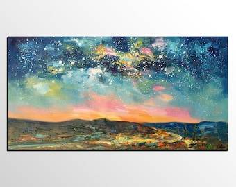 Oil Painting Landscape, Canvas Art, Original Art, Abstract Art, Starry Night Sky Painting, Oil Painting, Abstract Painting, Bedroom Wall Art