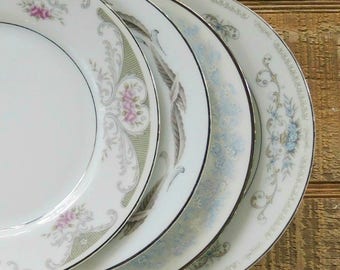 Mismatched Vintage Dessert Plates Set of 4 Plates for Wedding, Platinum Band Replacement China